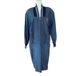 Marie Torelli Los Angeles Denim Bomber Style Midi Dress Crest‎ Detail Vintage